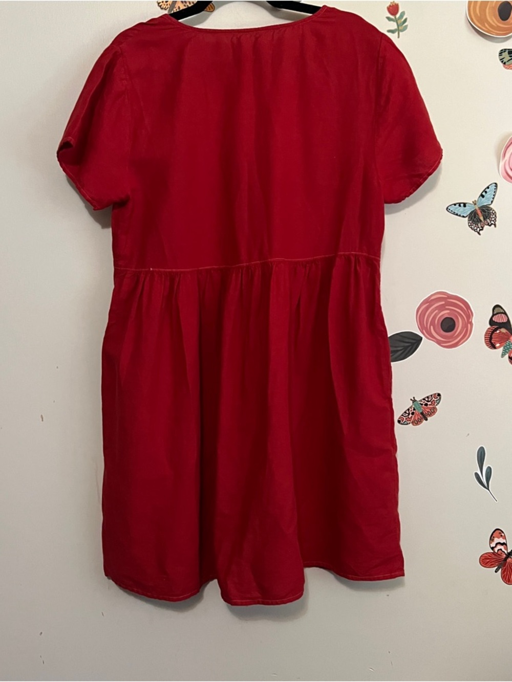 Madewell V-Neck Linen Blend Button Front Short Sleeve Dress in Red L - Picture 3 of 7